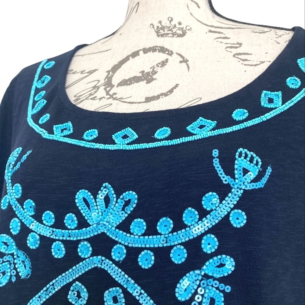 Talbots Beaded embroidered sequin blue tunic boho top 2X Cotton Resort Preppy - Picture 8 of 16